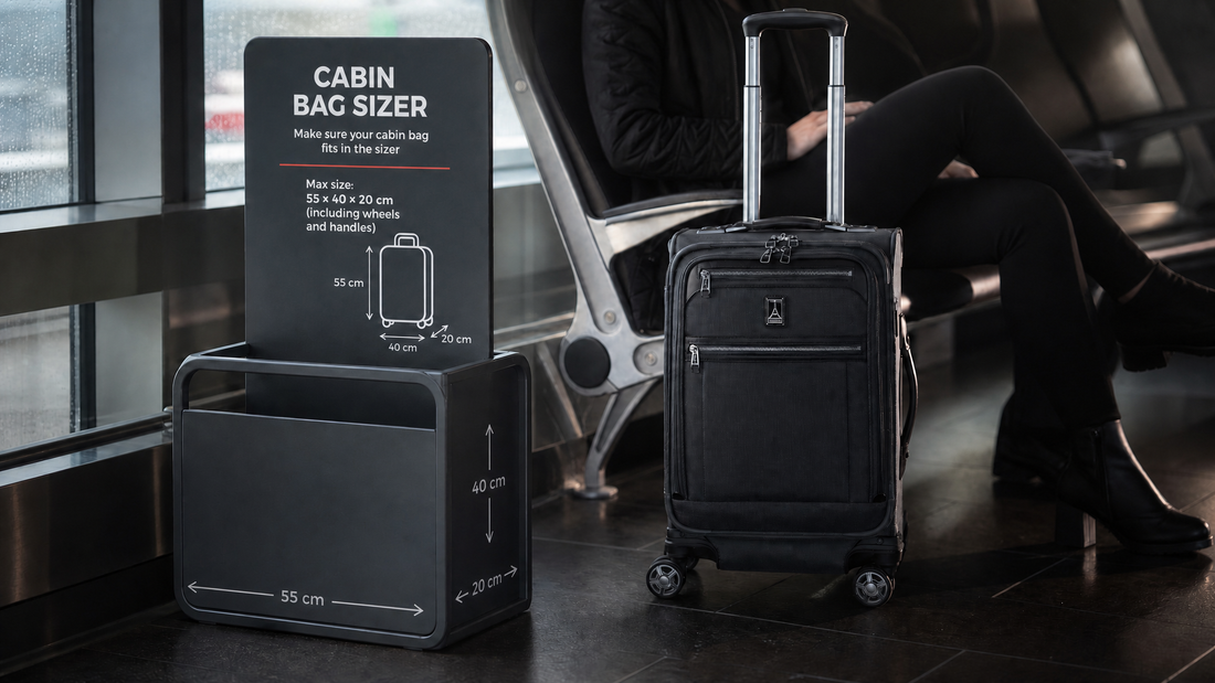 Black cabin bag next to a cabin bag sizer