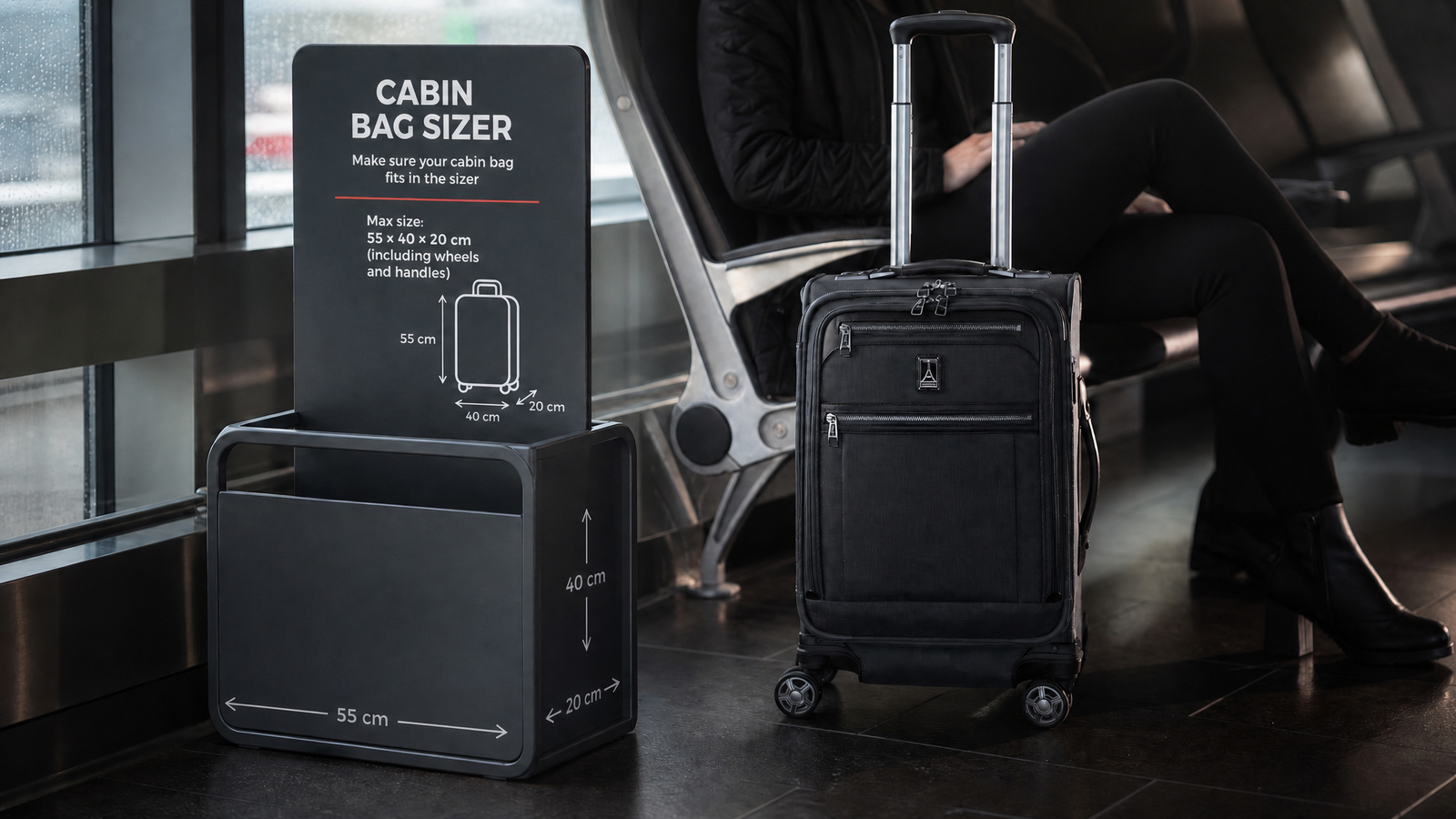 Black cabin bag next to a cabin bag sizer