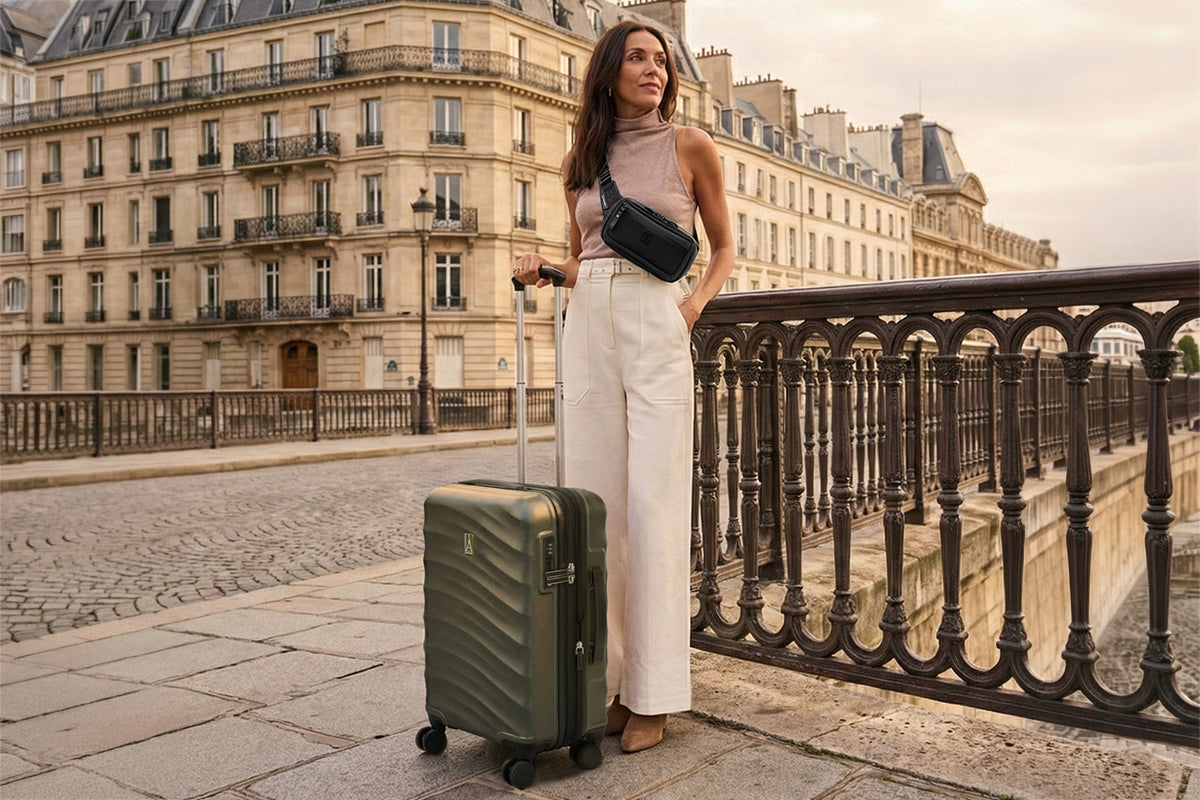 Woman exploring a European city with Travelpro Maxlite Air V2 cabin bag