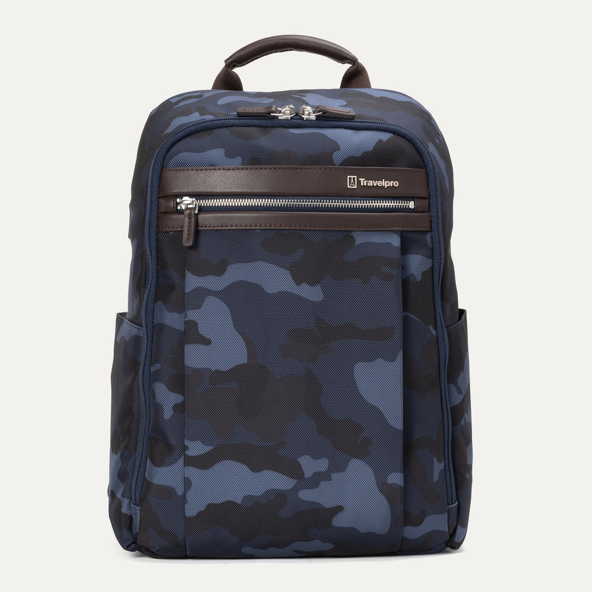 Travelpro Platinum® Elite Slim Backpack in blue camo, featuring durable fabric, brown leather trim, zippered front pocket, and padded laptop compartment