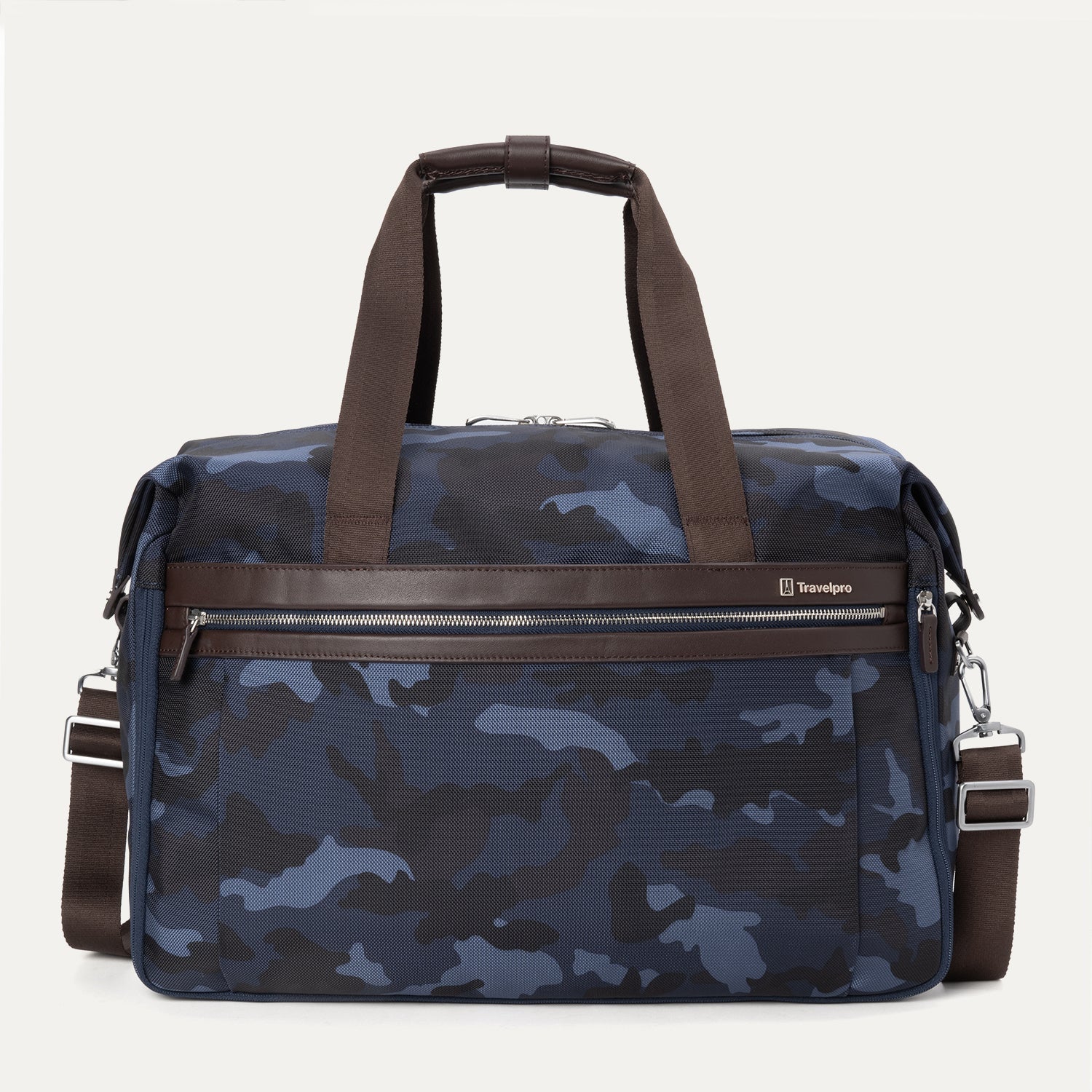 Travelpro Platinum® Elite Soft Duffel bag in blue camo, featuring durable fabric, brown leather accents, multiple zippered compartments, and adjustable shoulder strap.