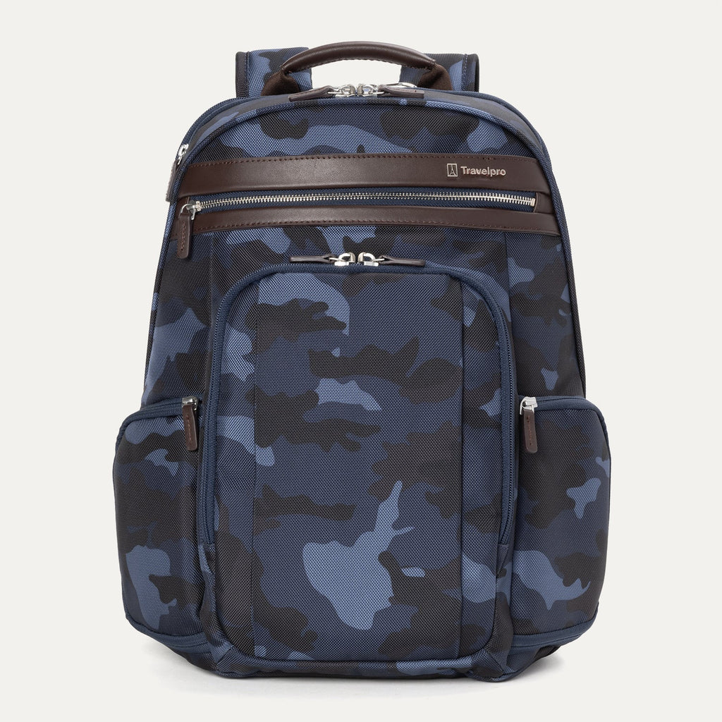 Travelpro Platinum® Elite Business Backpack in blue camo, featuring durable fabric, brown leather trim, multiple zippered compartments, and padded laptop sleeve