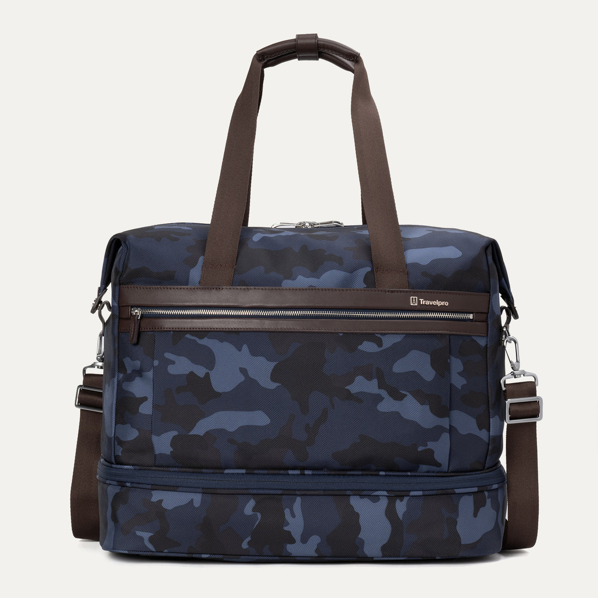Travelpro Platinum® Elite Drop-Bottom Weekender bag in blue camo, featuring durable fabric, brown leather accents, zippered bottom compartment, and adjustable shoulder strap.