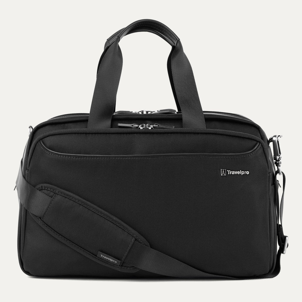 Travelpro VersaPack® Underseat Tote in black with adjustable shoulder strap, multiple compartments, and durable soft-shell design for carry-on travel.