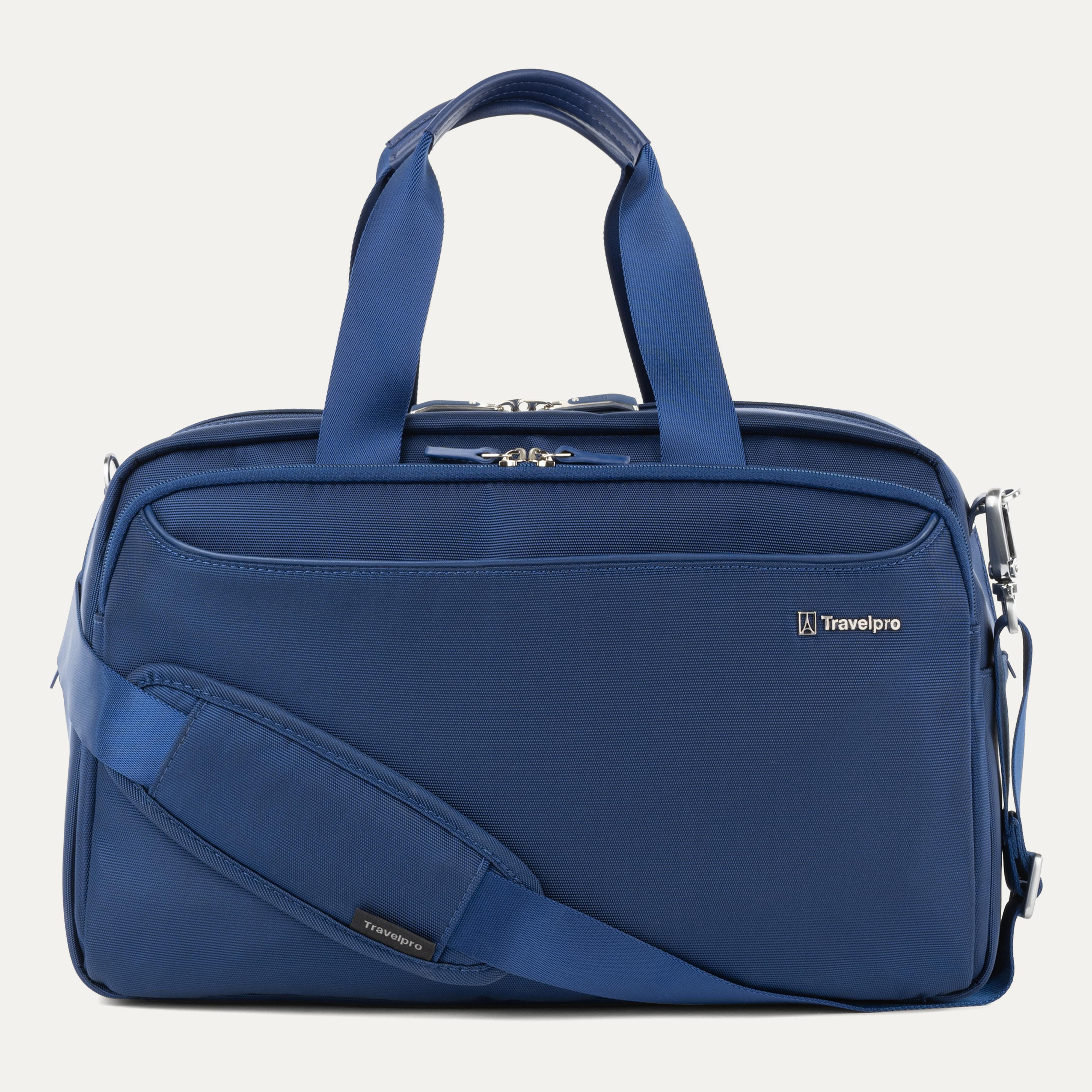 Travelpro VersaPack® Underseat Tote in Estate Blue with adjustable shoulder strap, multiple compartments, and durable soft-shell design for carry-on travel.