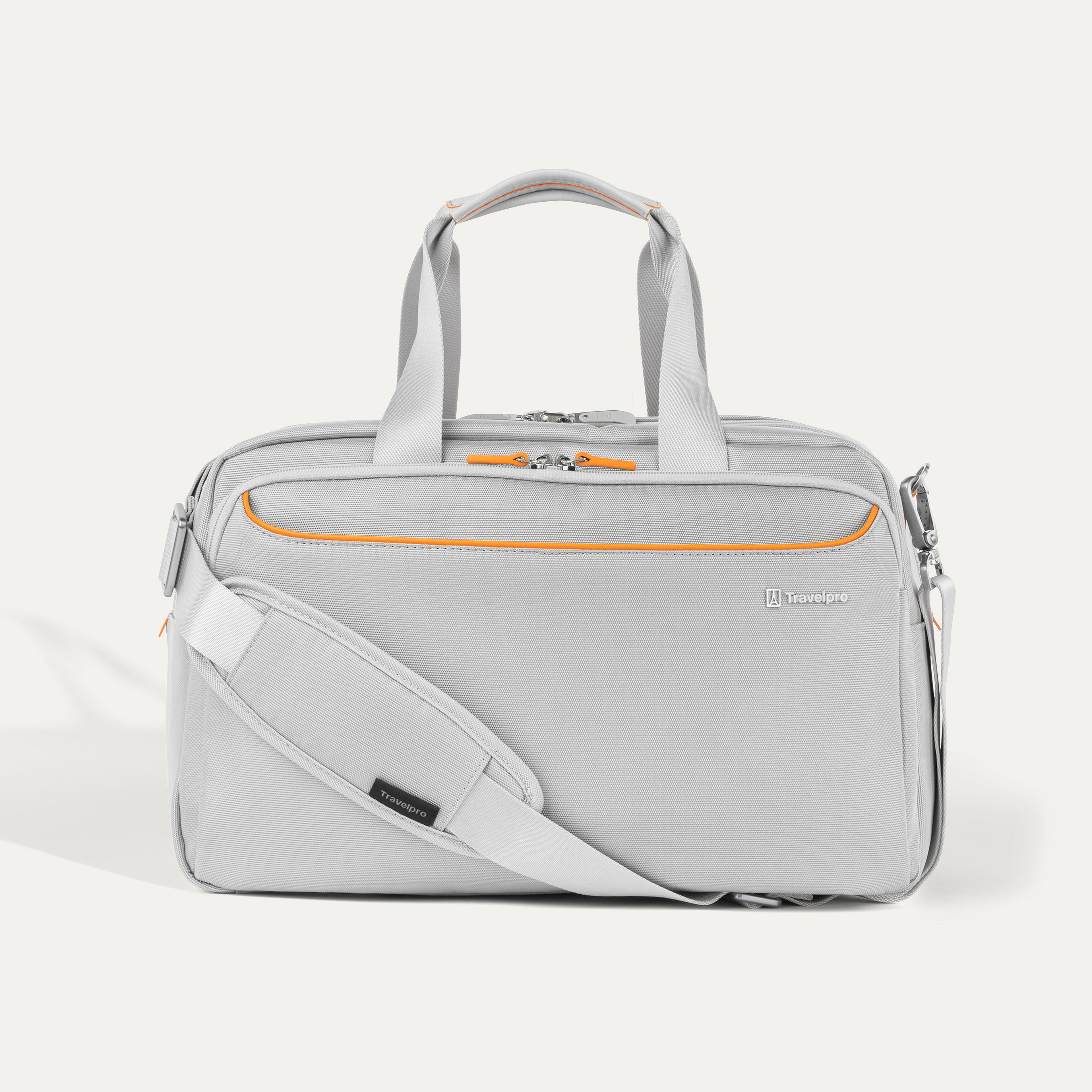 Travelpro VersaPack® Underseat Tote in Marigold Orange with adjustable shoulder strap, multiple compartments, and durable soft-shell design for carry-on travel.