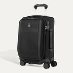 Travelpro VersaPack® Compact Carry-On Expandable Softside Spinner in black, featuring four 360° wheels, lightweight design, and external front pocket.
