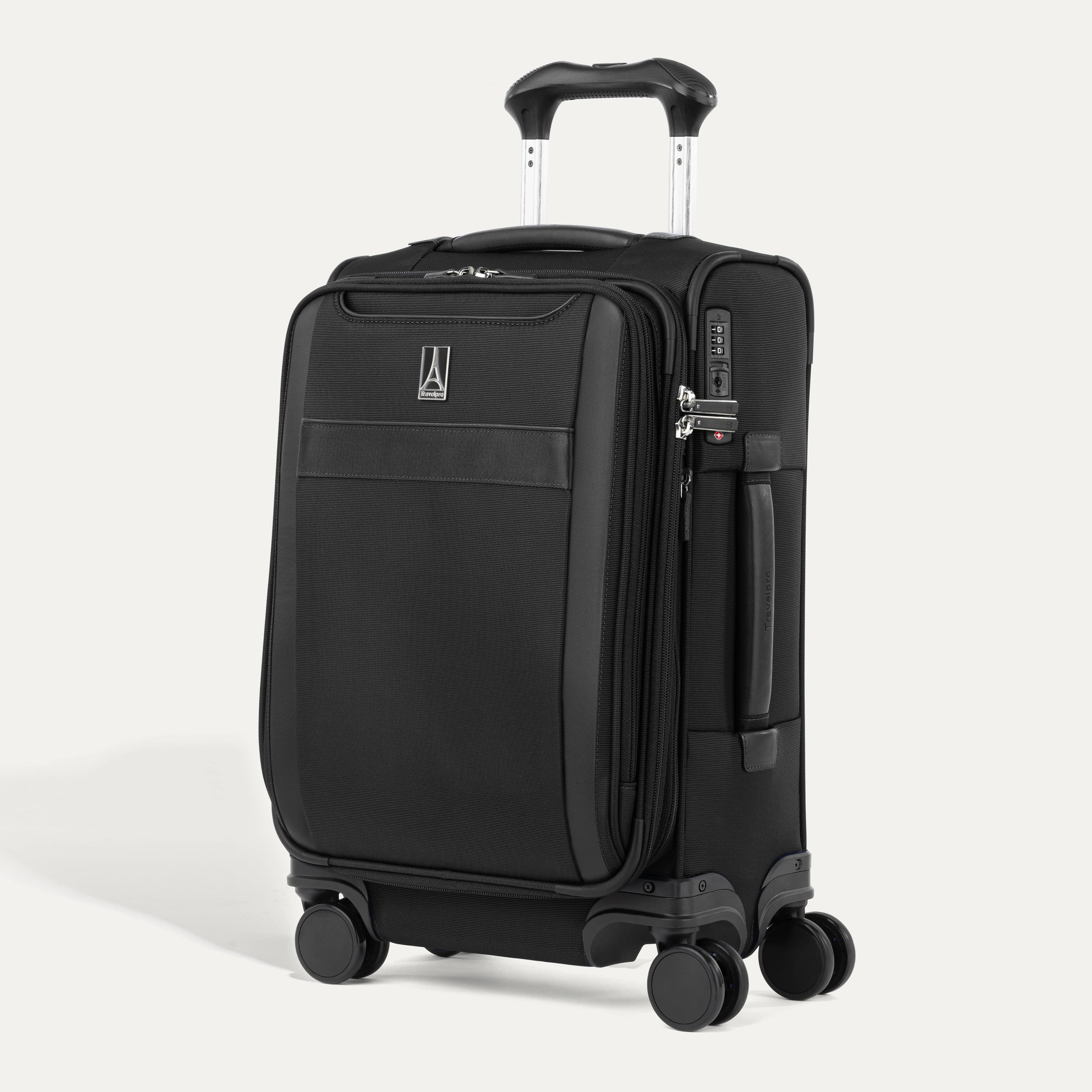 Travelpro VersaPack® Compact Carry-On Expandable Softside Spinner in black, featuring four 360° wheels, lightweight design, and external front pocket.