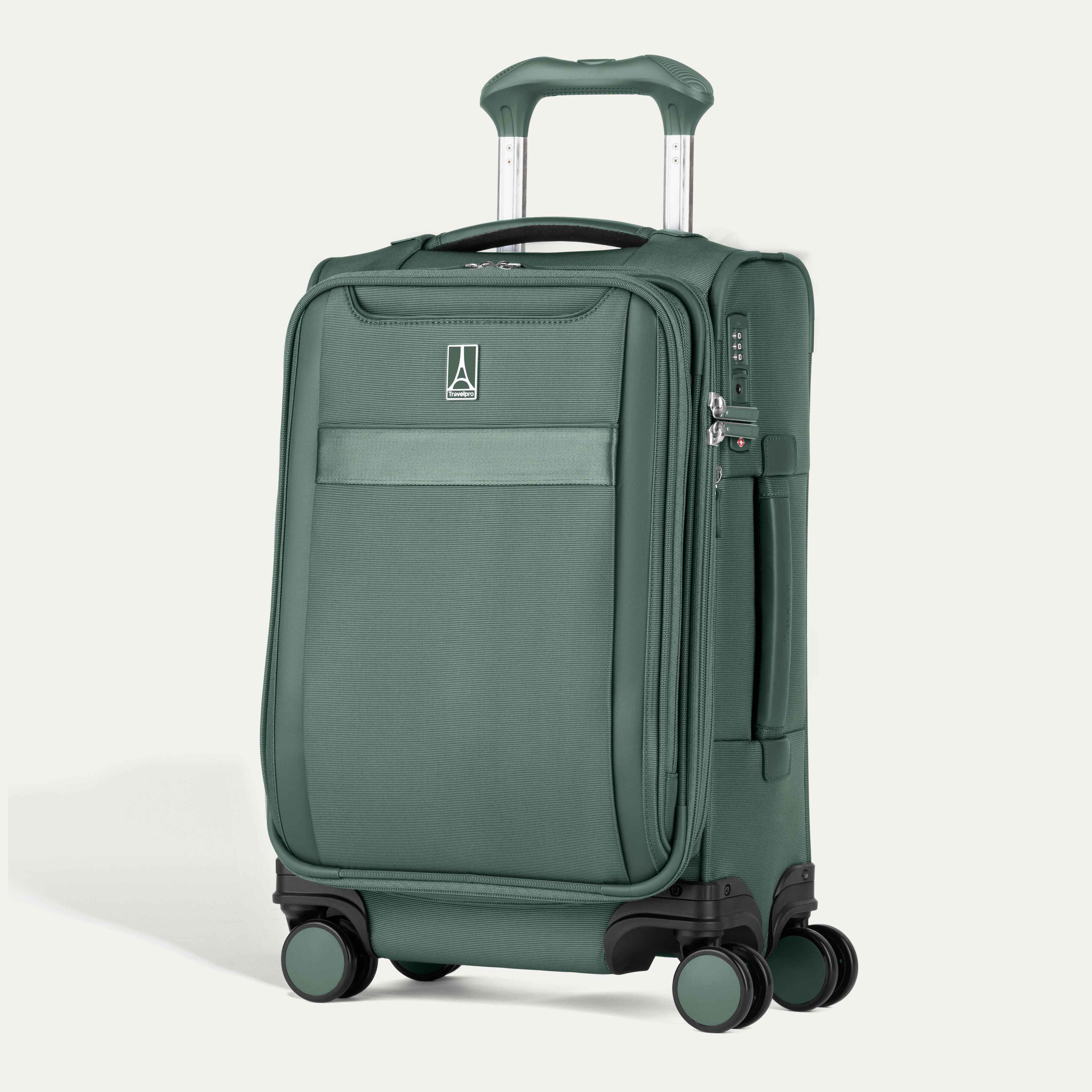 Travelpro VersaPack® Compact Carry-On Expandable Softside Spinner in green, featuring four 360° wheels, lightweight design, and external front pocket.