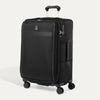 Travelpro VersaPack® Medium Check-In Expandable Softside Spinner suitcase in black, featuring four 360° wheels, lightweight construction, and built-in TSA lock