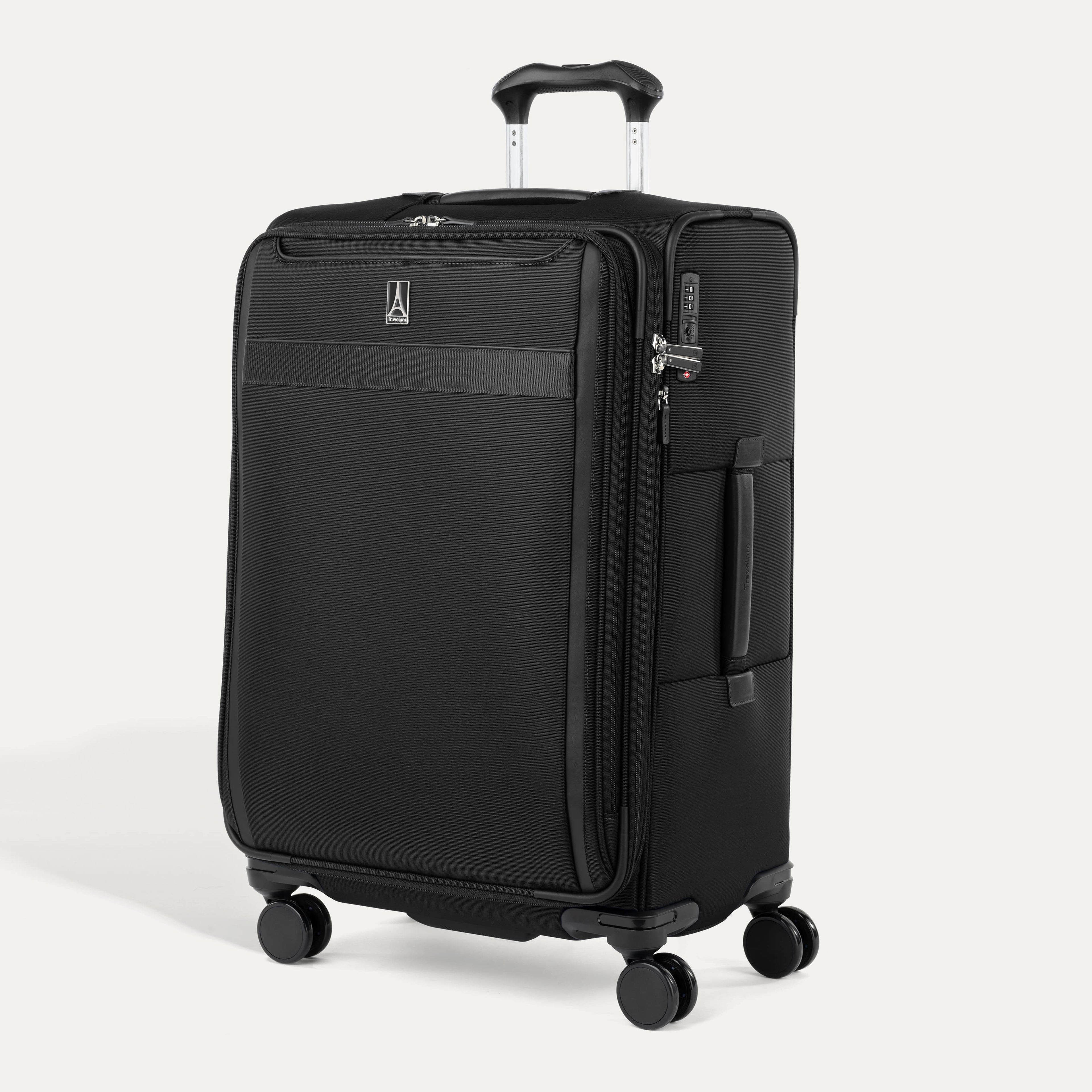 Travelpro VersaPack® Medium Check-In Expandable Softside Spinner suitcase in black, featuring four 360° wheels, lightweight construction, and built-in TSA lock