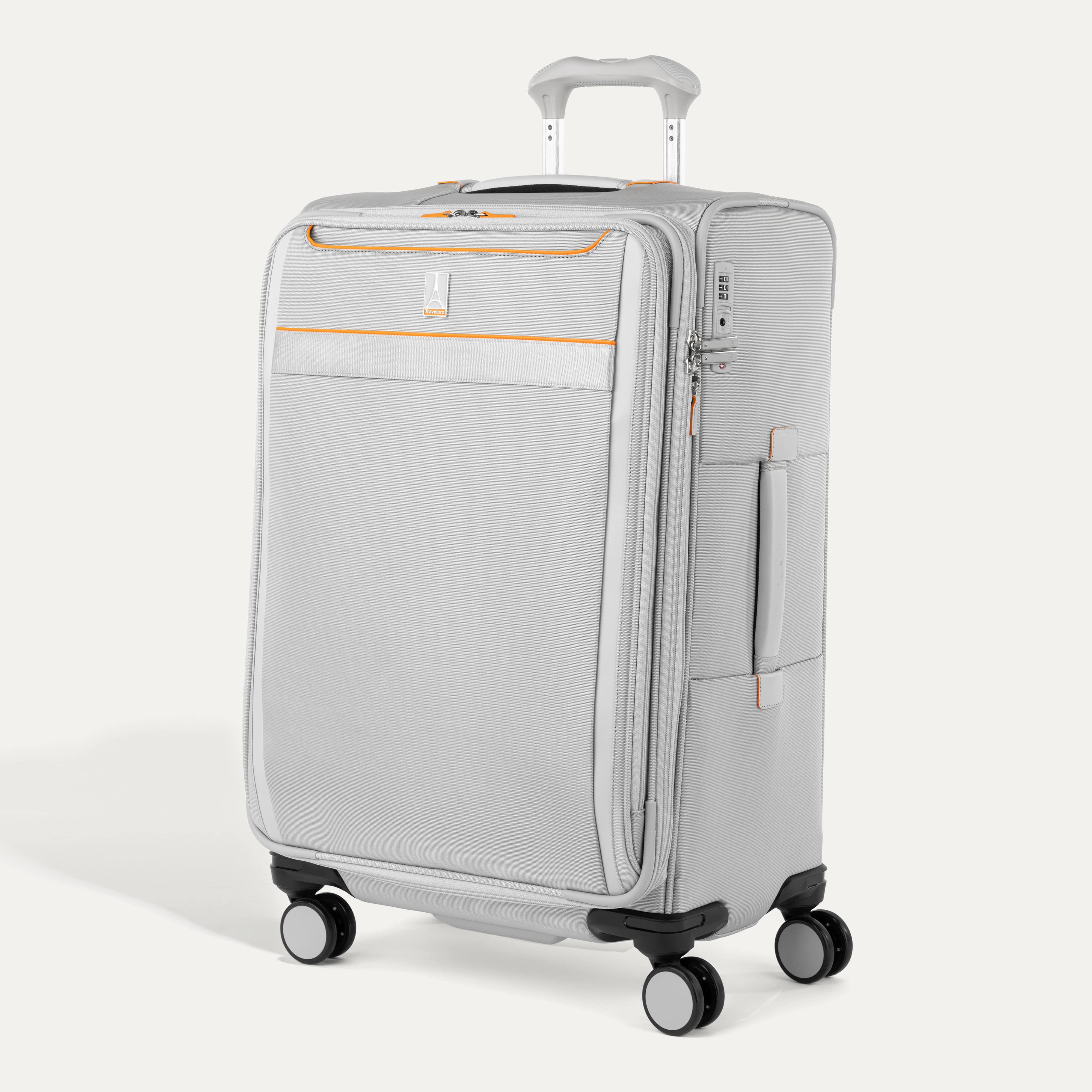 Travelpro VersaPack® Medium Check-In Expandable Softside Spinner suitcase in Marigold Orange, featuring four 360° wheels, lightweight construction, and built-in TSA lock