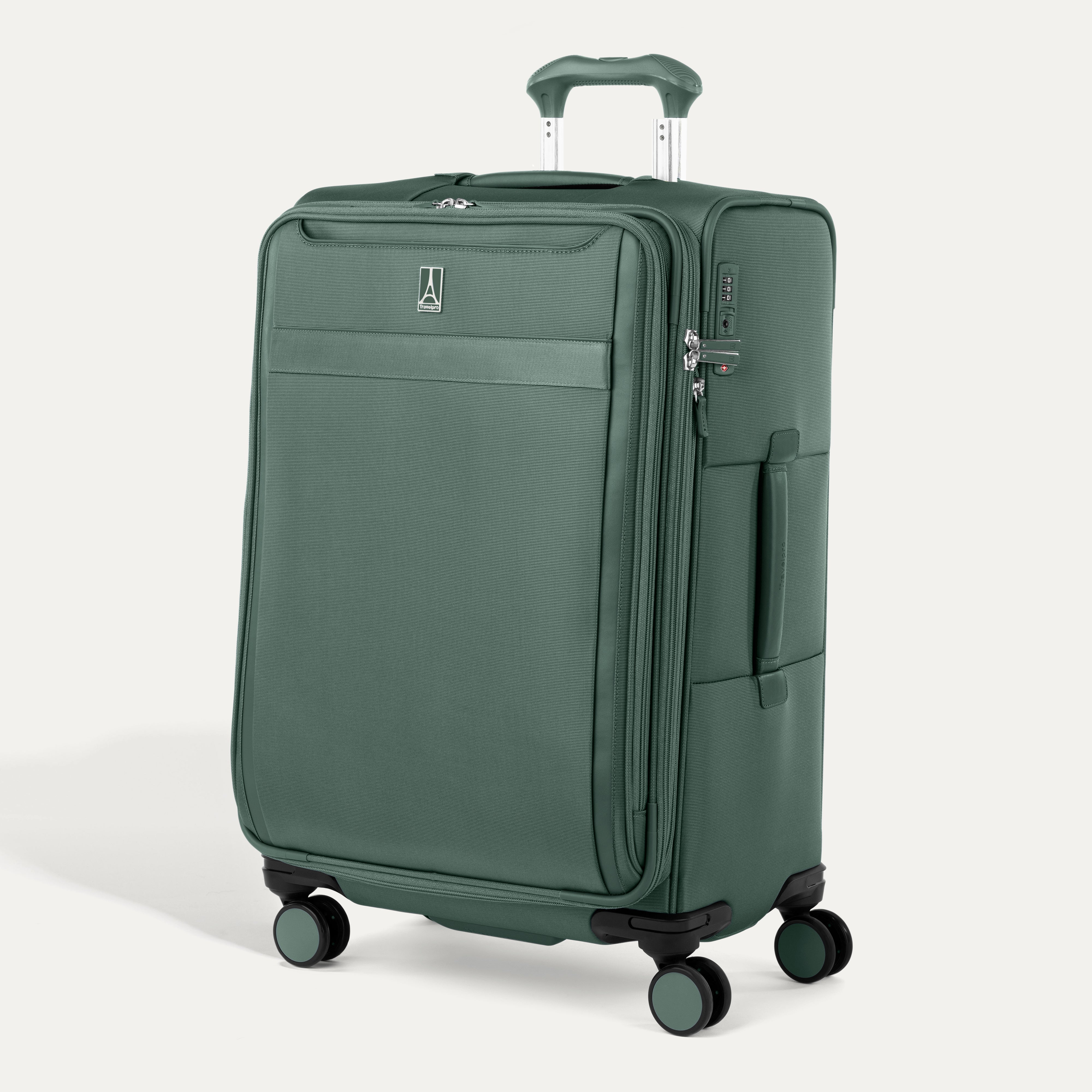 Travelpro VersaPack® Medium Check-In Expandable Softside Spinner suitcase in green, featuring four 360° wheels, lightweight construction, and built-in TSA lock