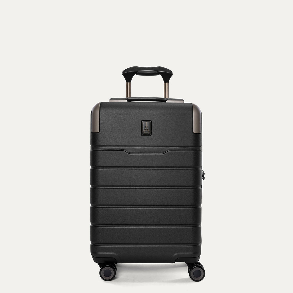 Front view of the Travelpro Platinum Reserve Compact Cabin Hardshell Spinner in Black Dust