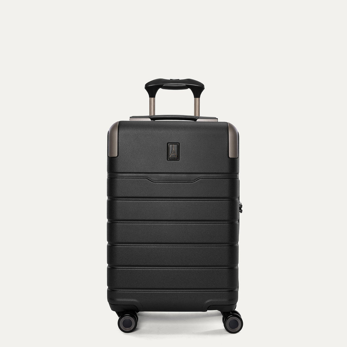 Front view of the Travelpro Platinum Reserve Compact Cabin Hardshell Spinner in Black Dust