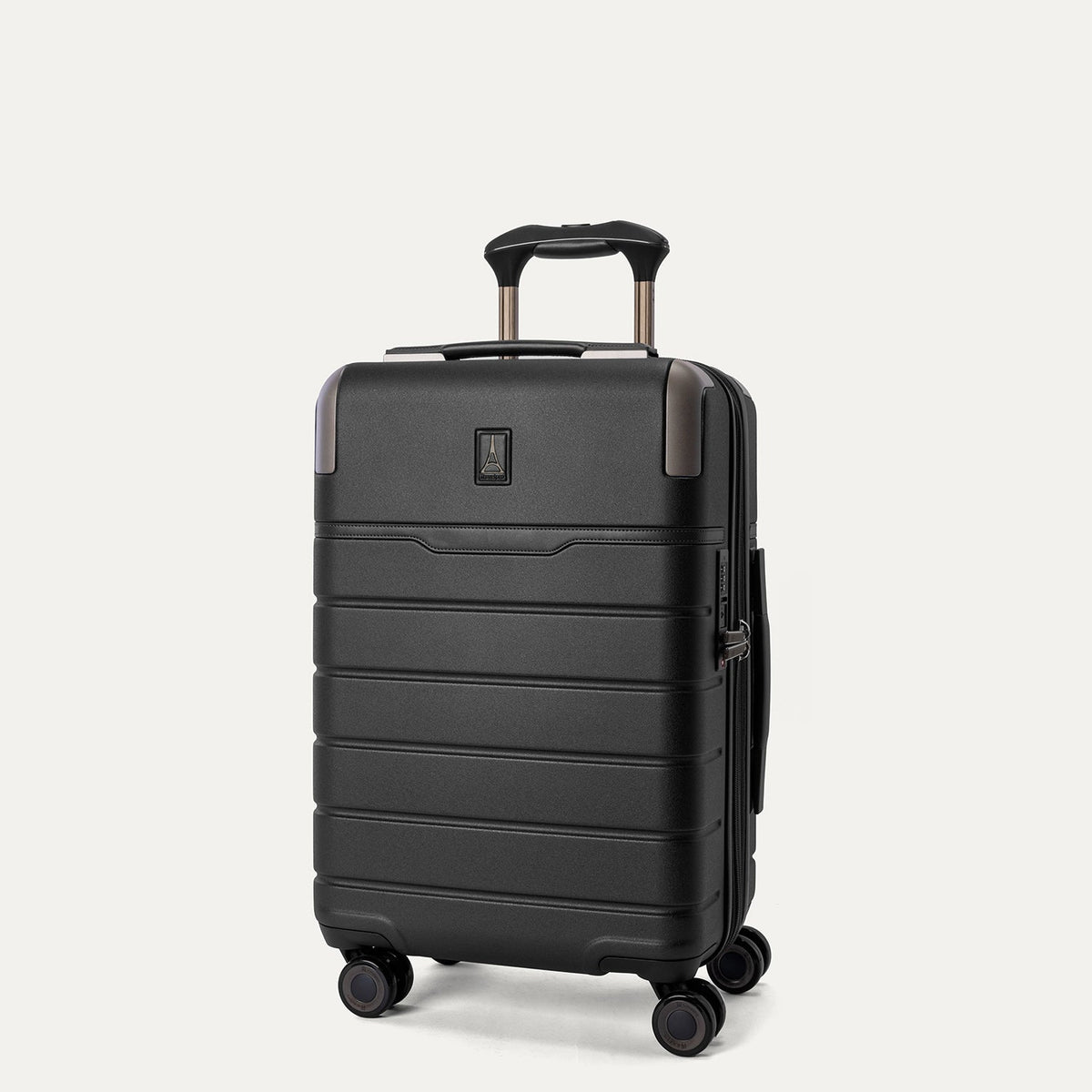 Three-quarter angled view of the Travelpro Platinum Reserve Compact Cabin Hardshell Spinner in Black Dust