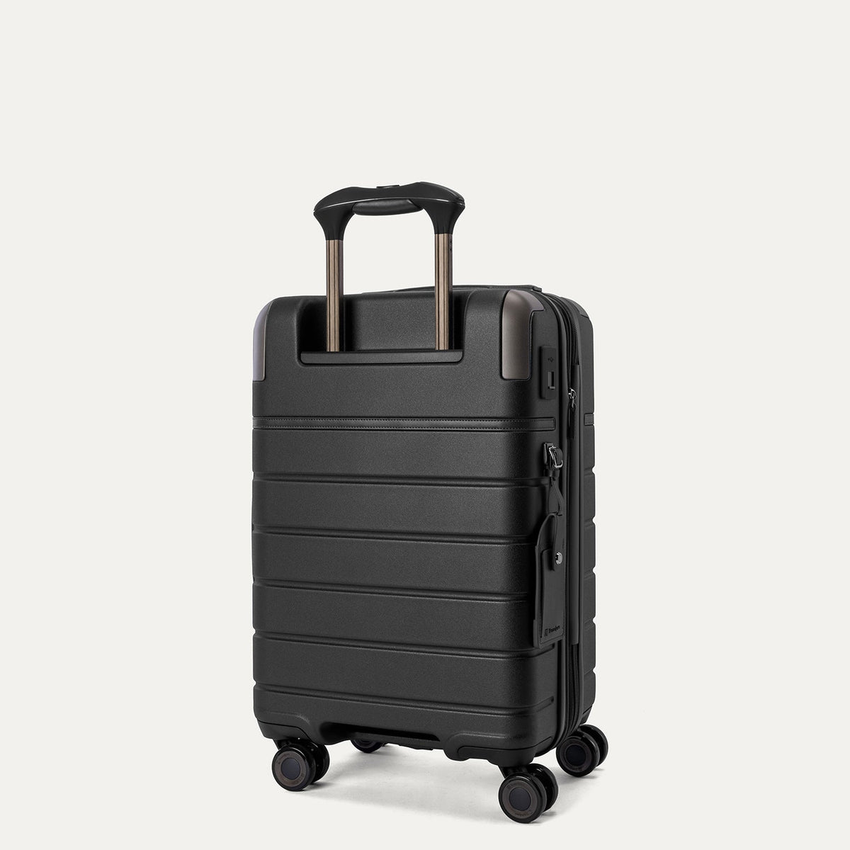 Rear angled view of the Travelpro Platinum Reserve Compact Cabin Hardshell Spinner in Black Dust