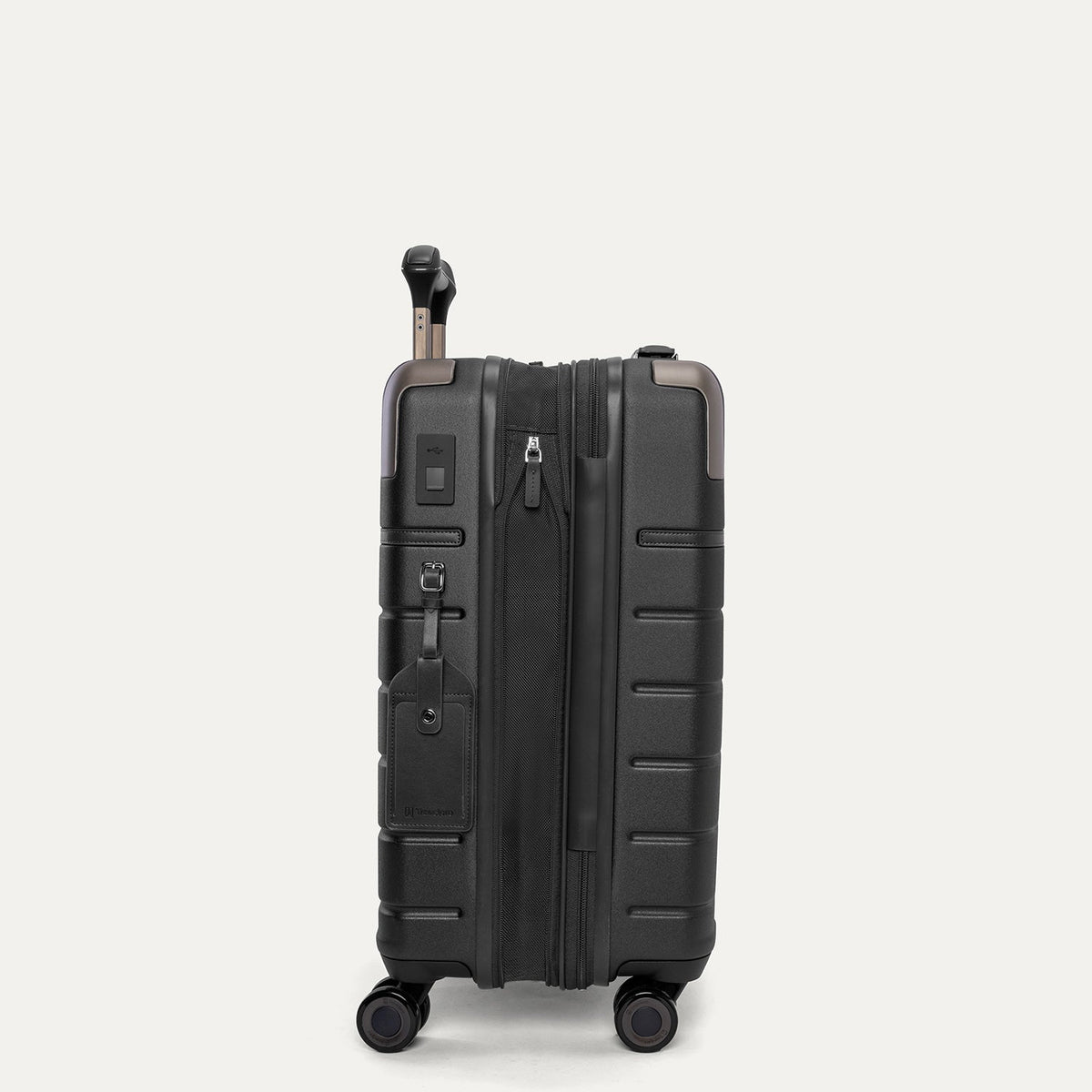 Side profile of the Travelpro Platinum Reserve Compact Cabin Hardshell Spinner in Black Dust, expanded for extra packing space