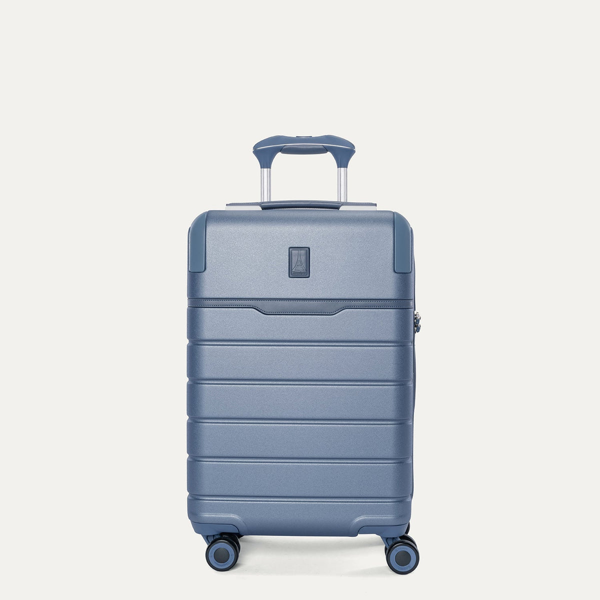Front view of the Travelpro Platinum Reserve Compact Cabin Hardshell Spinner in Steel Blue