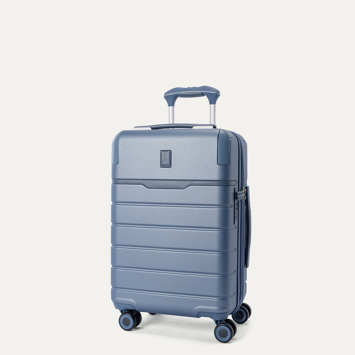 Three-quarter angled view of the Travelpro Platinum Reserve Compact Cabin Hardshell Spinner in Steel Blue