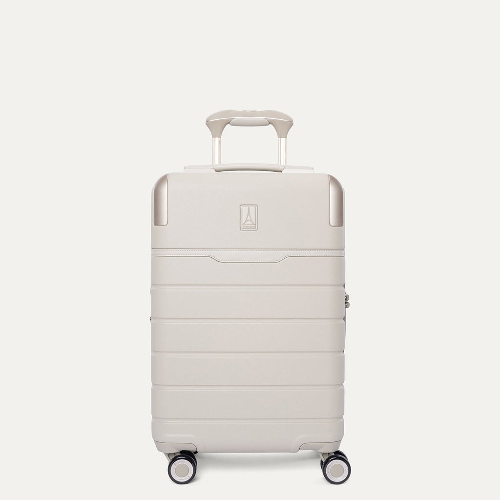 Front view of the Travelpro Platinum Reserve Compact Cabin Hardshell Spinner in Sandstone