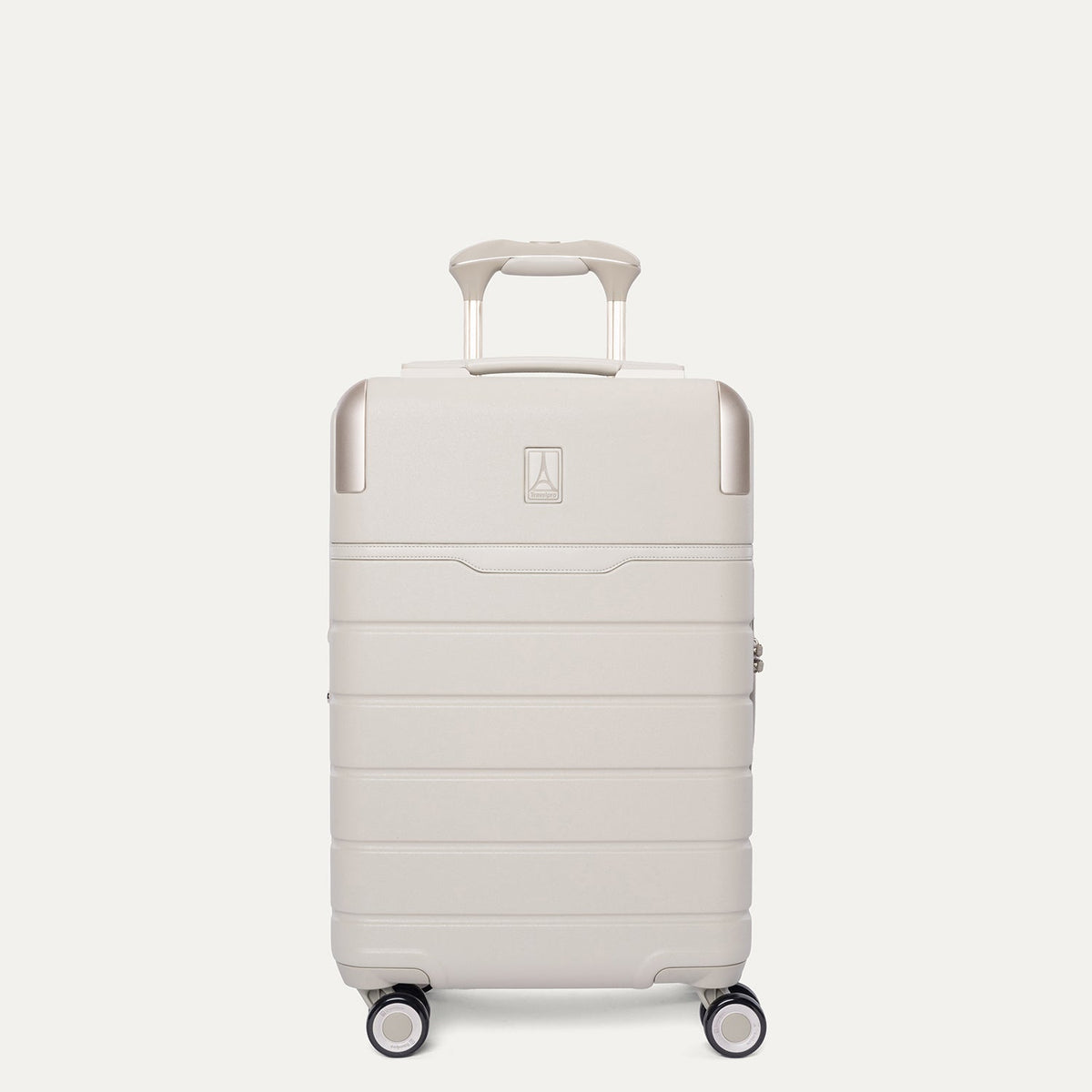 Front view of the Travelpro Platinum Reserve Compact Cabin Hardshell Spinner in Sandstone