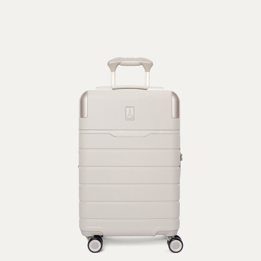 Front view of the Travelpro Platinum Reserve Compact Cabin Hardshell Spinner in Sandstone