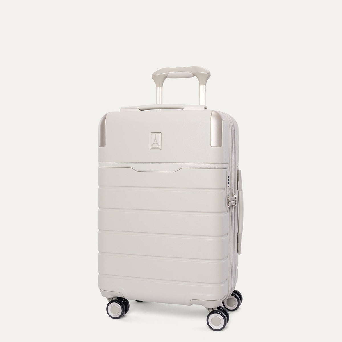 Three-quarter angled view of the Travelpro Platinum Reserve Compact Cabin Hardshell Spinner in Sandstone