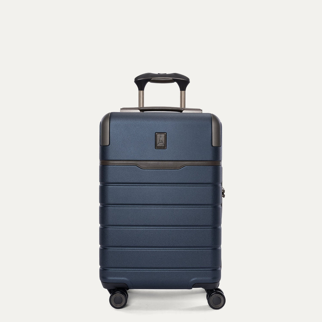 Front view of the Travelpro Platinum Reserve Compact Cabin Hardshell Spinner in Midnight Trail