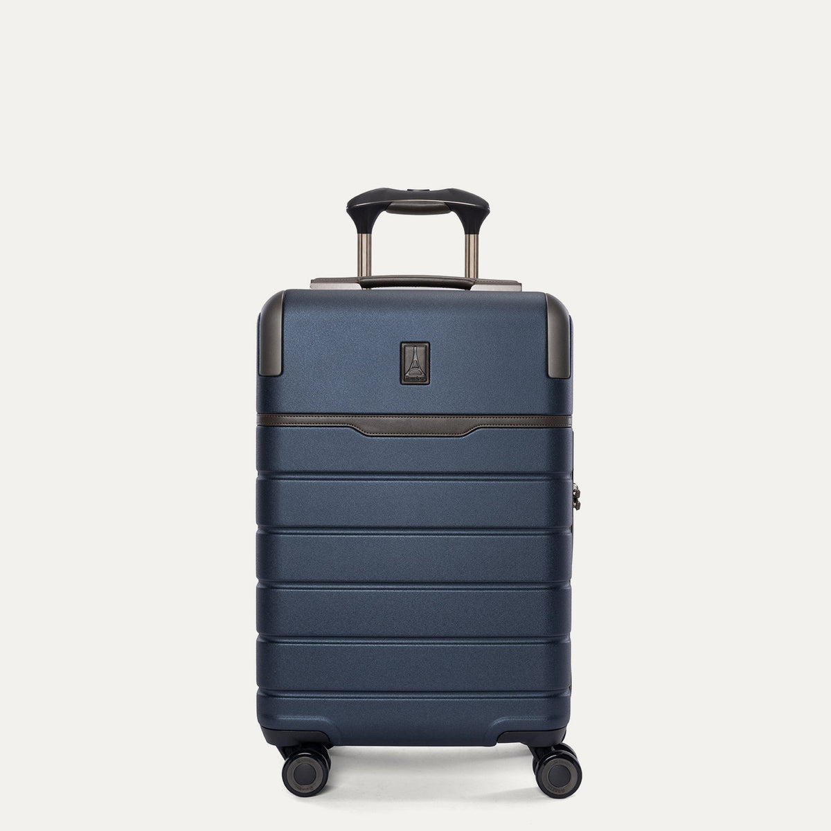 Front view of the Travelpro Platinum Reserve Compact Cabin Hardshell Spinner in Midnight Trail