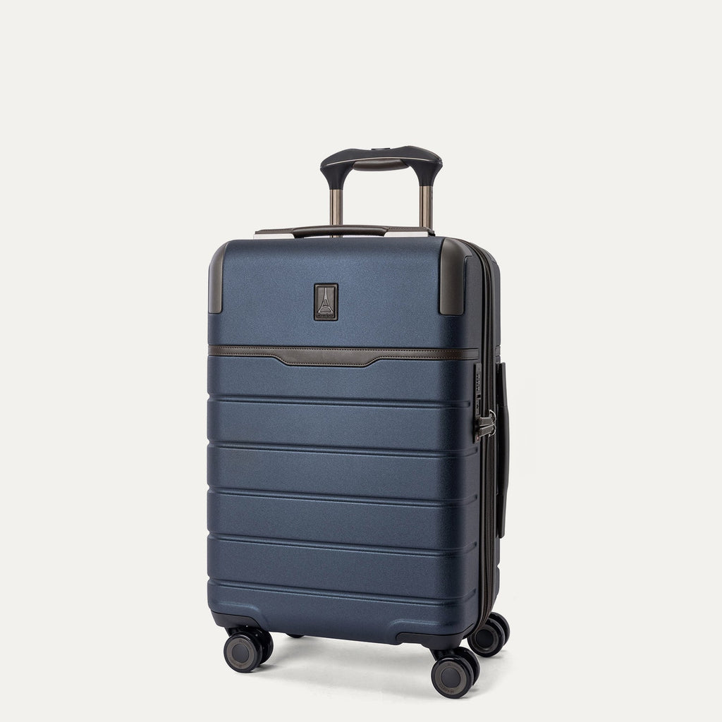Three-quarter angled view of the Travelpro Platinum Reserve Compact Cabin Hardshell Spinner in Midnight Trail