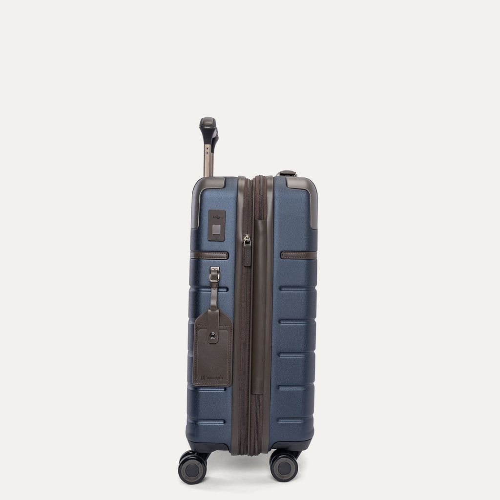 Side profile of the Travelpro Platinum Reserve Compact Cabin Hardshell Spinner in Midnight Trail