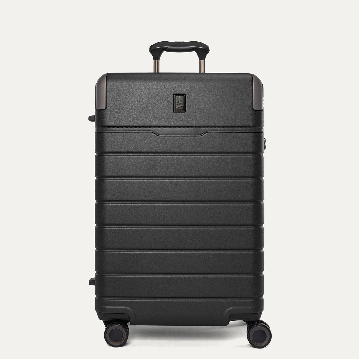 Front view of the Travelpro Platinum Reserve Medium Check-In Hardshell Spinner in Black Dust