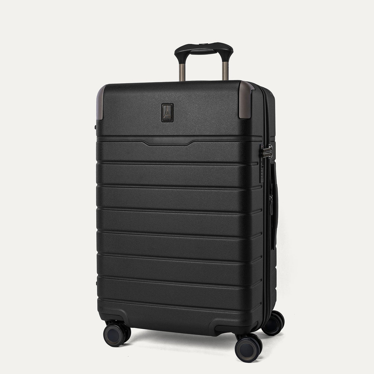 Three-quarter angled view of the Travelpro Platinum Reserve Medium Check-In Hardshell Spinner in Black Dust