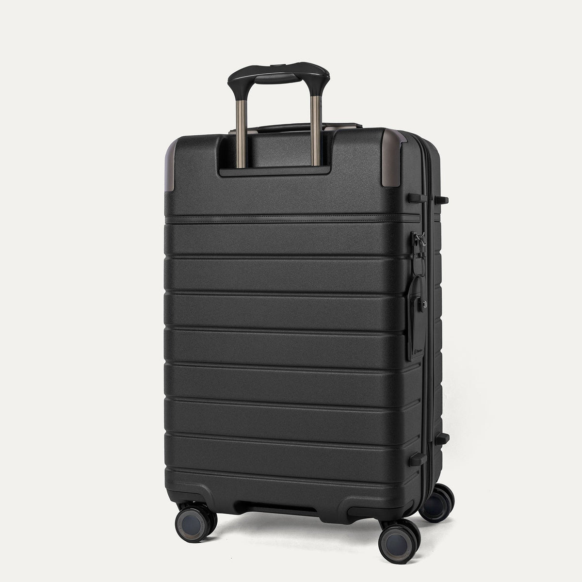 Rear angled view of the Travelpro Platinum Reserve Medium Check-In Hardshell Spinner in Black Dust