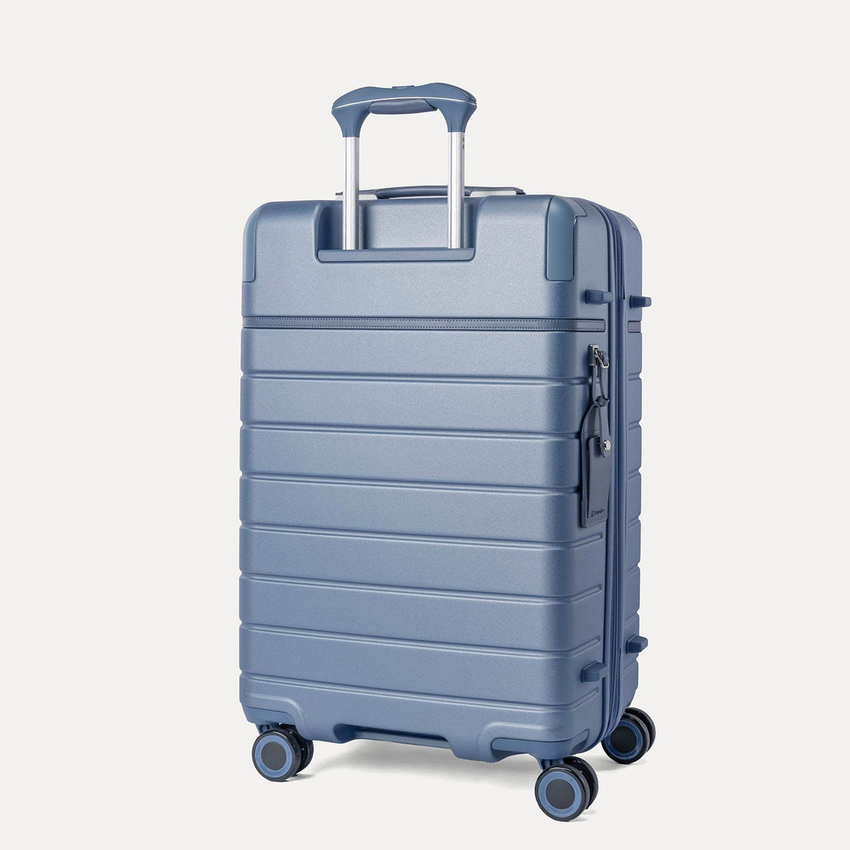 Rear angled view of the Travelpro Platinum Reserve Medium Check-In Hardshell Spinner in Steel Blue