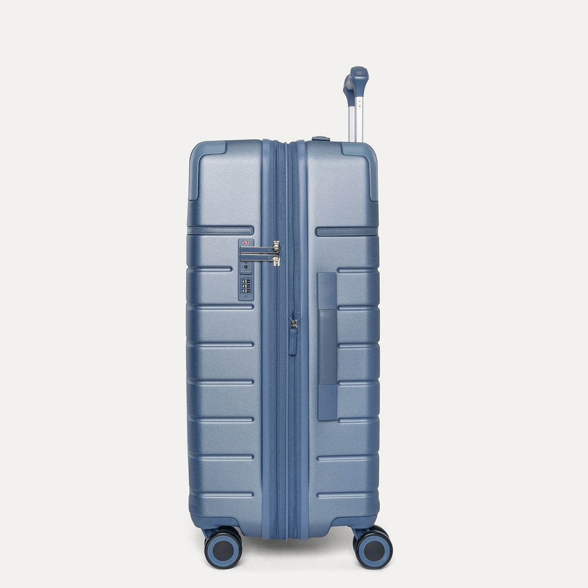 Side profile of the Travelpro Platinum Reserve Medium Check-In Hardshell Spinner in Steel Blue