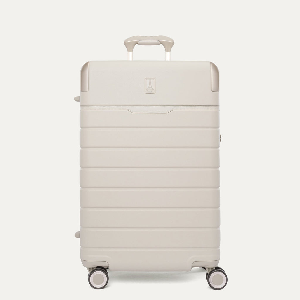 Front view of the Travelpro Platinum Reserve Medium Check-In Hardshell Spinner in Sandstone