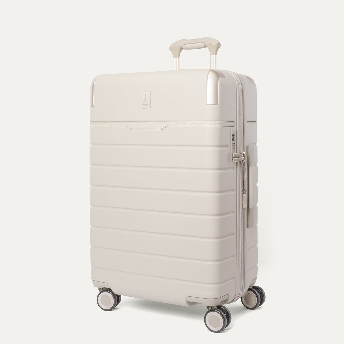 Three-quarter angled view of the Travelpro Platinum Reserve Medium Check-In Hardshell Spinner in Sandstone