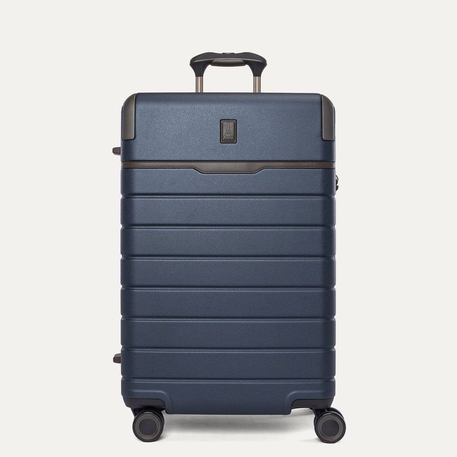 Front view of the Travelpro Platinum Reserve Medium Check-In Hardshell Spinner in Midnight Trail