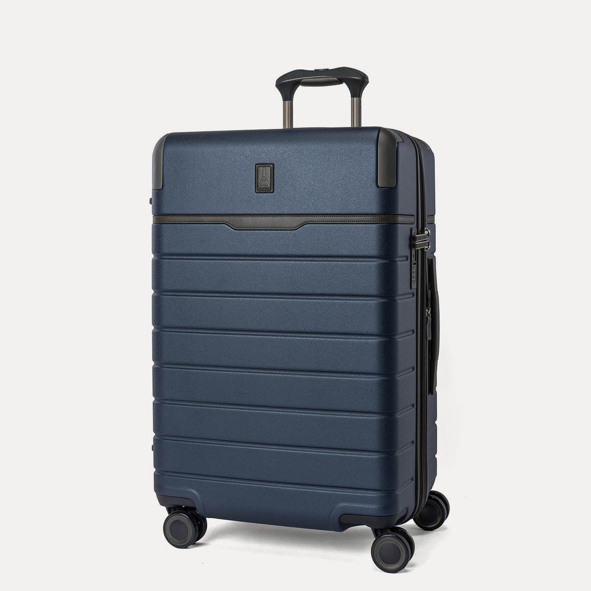 Three-quarter angled view of the Travelpro Platinum Reserve Medium Check-In Hardshell Spinner in Midnight Trail