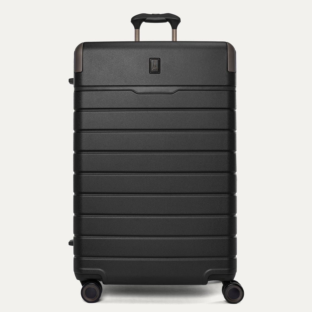 Front view of the Travelpro Platinum Reserve Large Check-In Hardshell Spinner in Black Dust