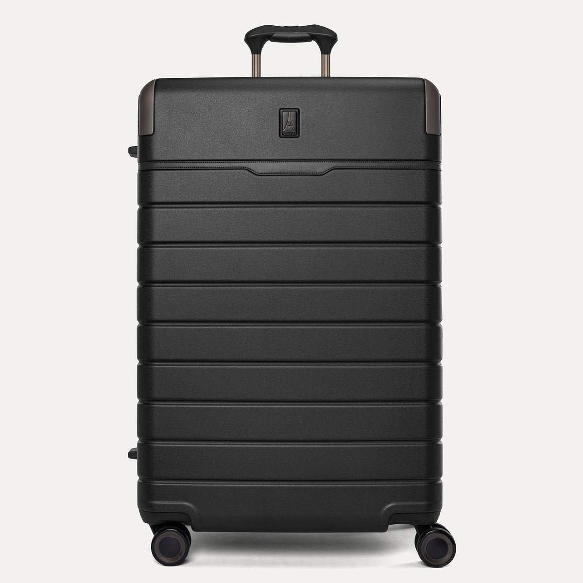 Front view of the Travelpro Platinum Reserve Large Check-In Hardshell Spinner in Black Dust