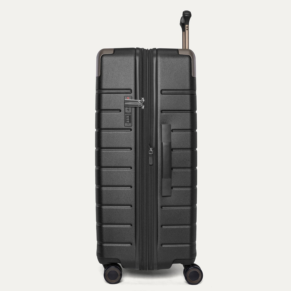 Side profile of the Travelpro Platinum Reserve Large Check-In Hardshell Spinner in Black Dust