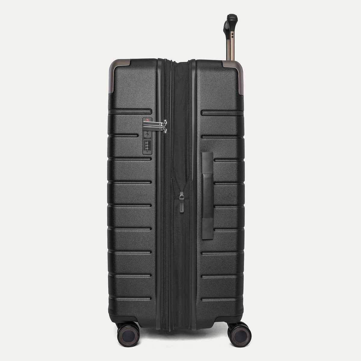 Side profile of the Travelpro Platinum Reserve Large Check-In Hardshell Spinner in Black Dust, expanded for extra packing space