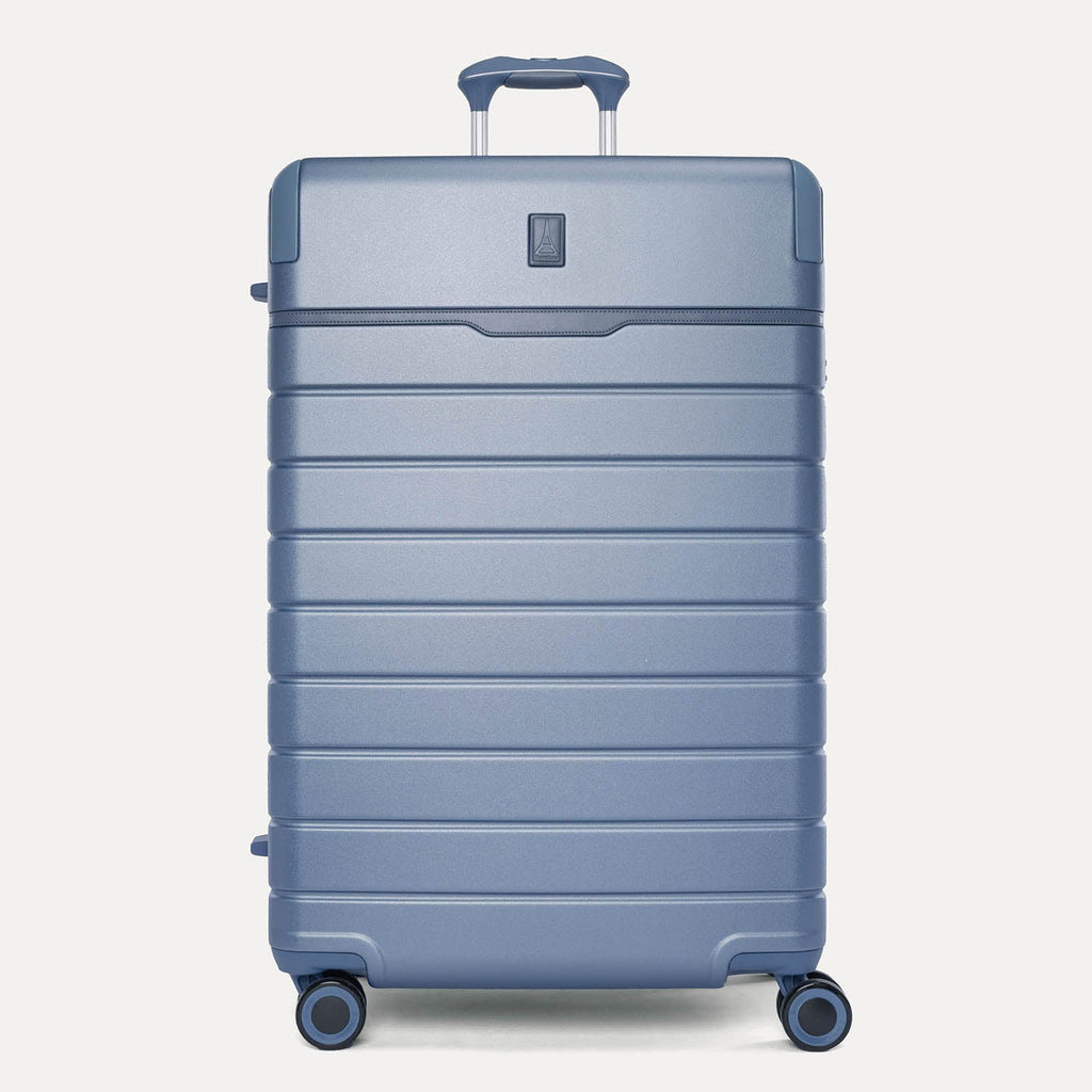 Front view of the Travelpro Platinum Reserve Large Check-In Hardshell Spinner in Steel Blue