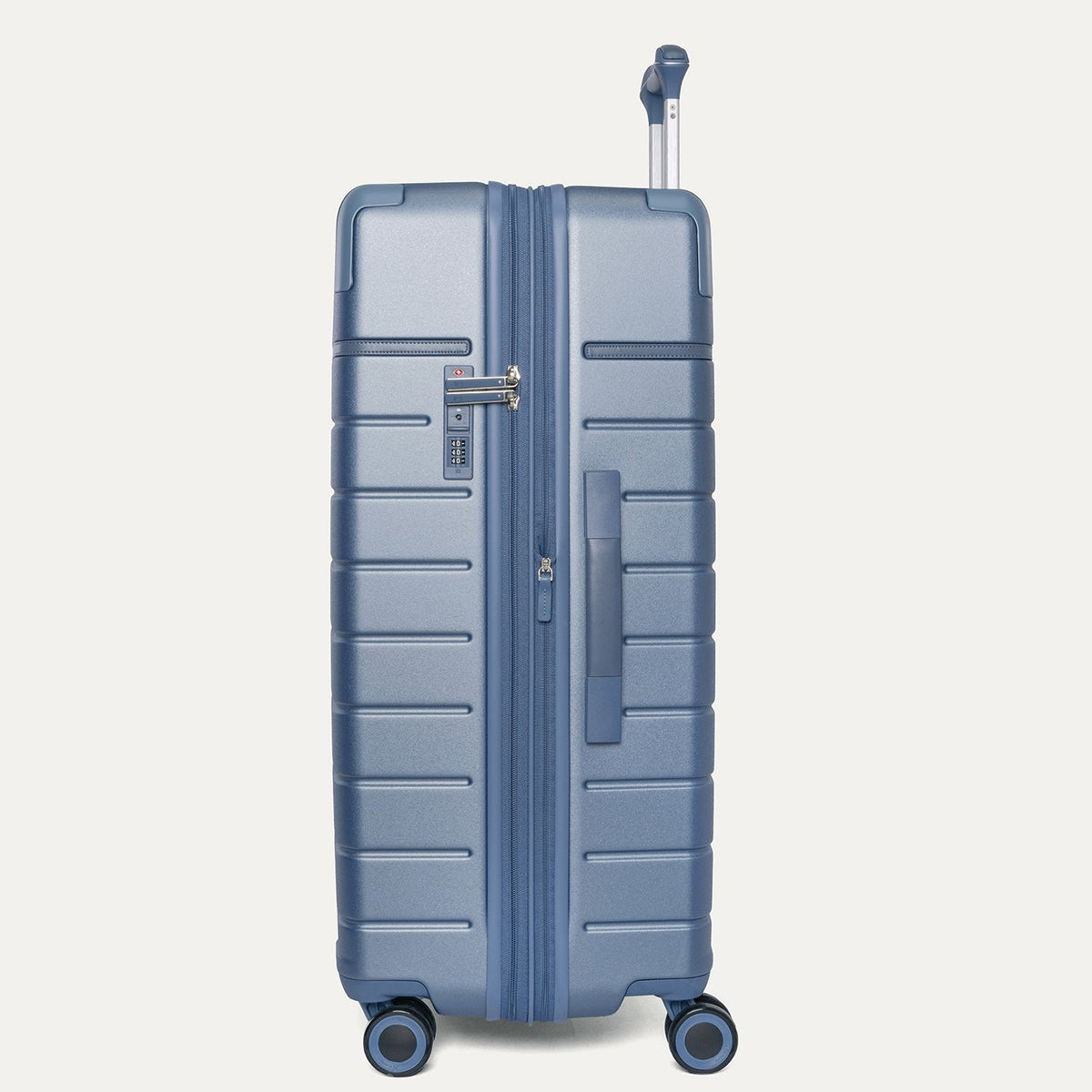Side profile of the Travelpro Platinum Reserve Large Check-In Hardshell Spinner in Steel Blue