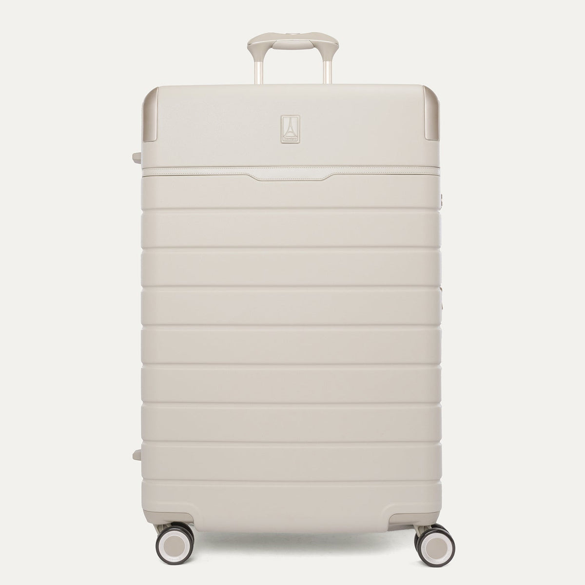 Front view of the Travelpro Platinum Reserve Large Check-In Hardshell Spinner in Sandstone