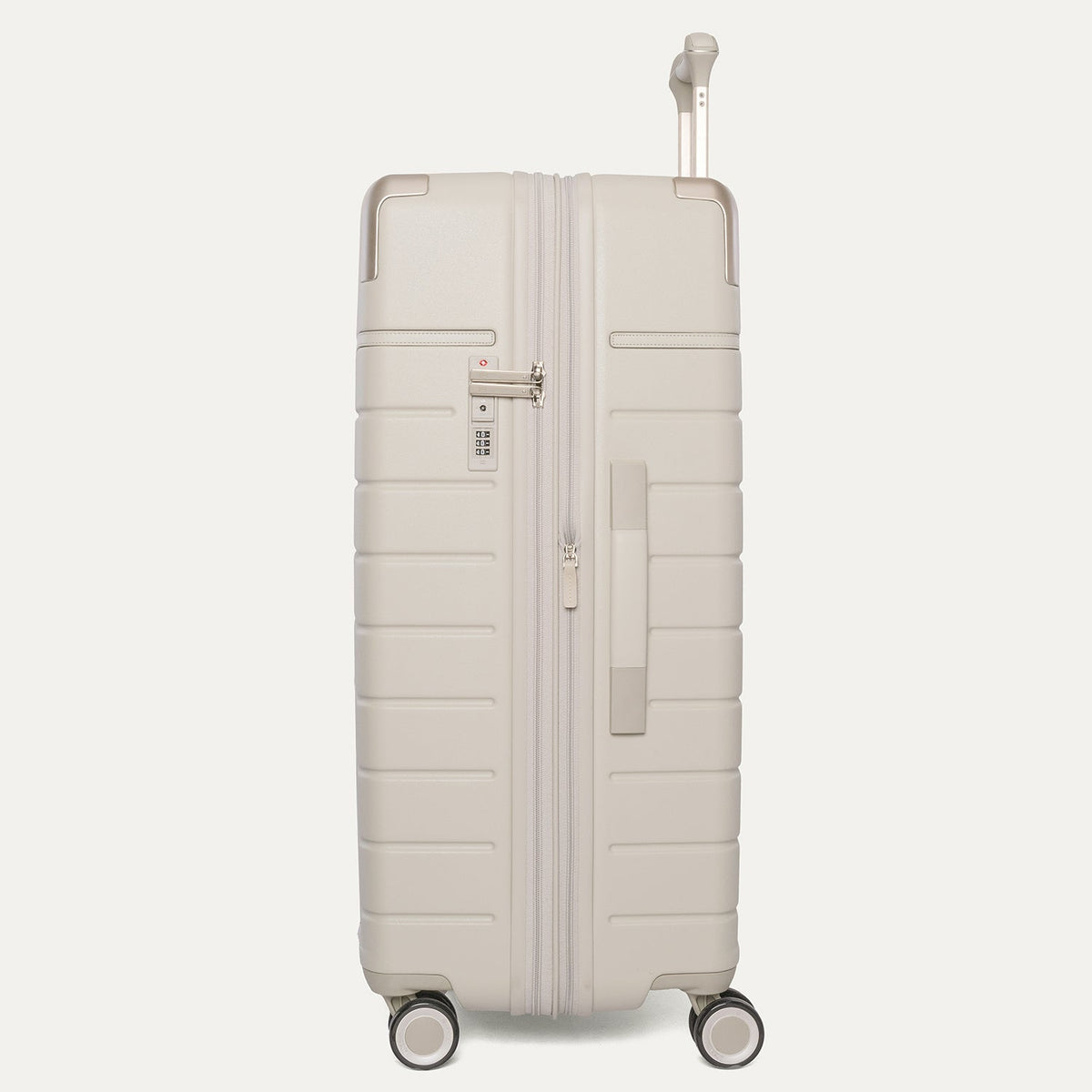 Side profile of the Travelpro Platinum Reserve Large Check-In Hardshell Spinner in Sandstone