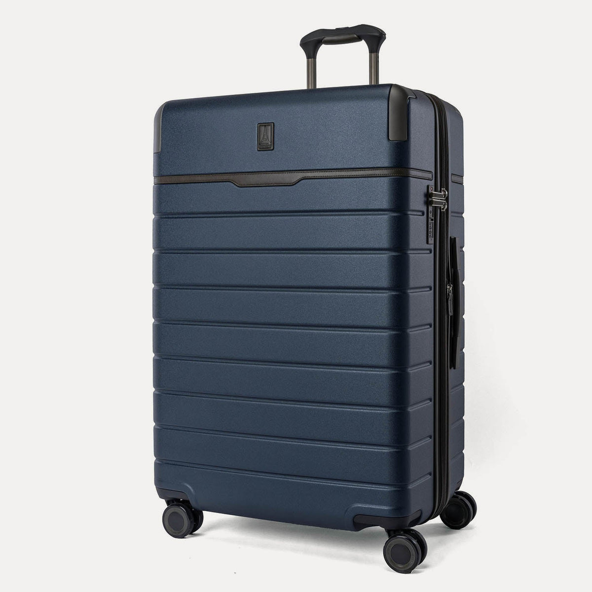 Three-quarter angled view of the Travelpro Platinum Reserve Large Check-In Hardshell Spinner in Midnight Trail